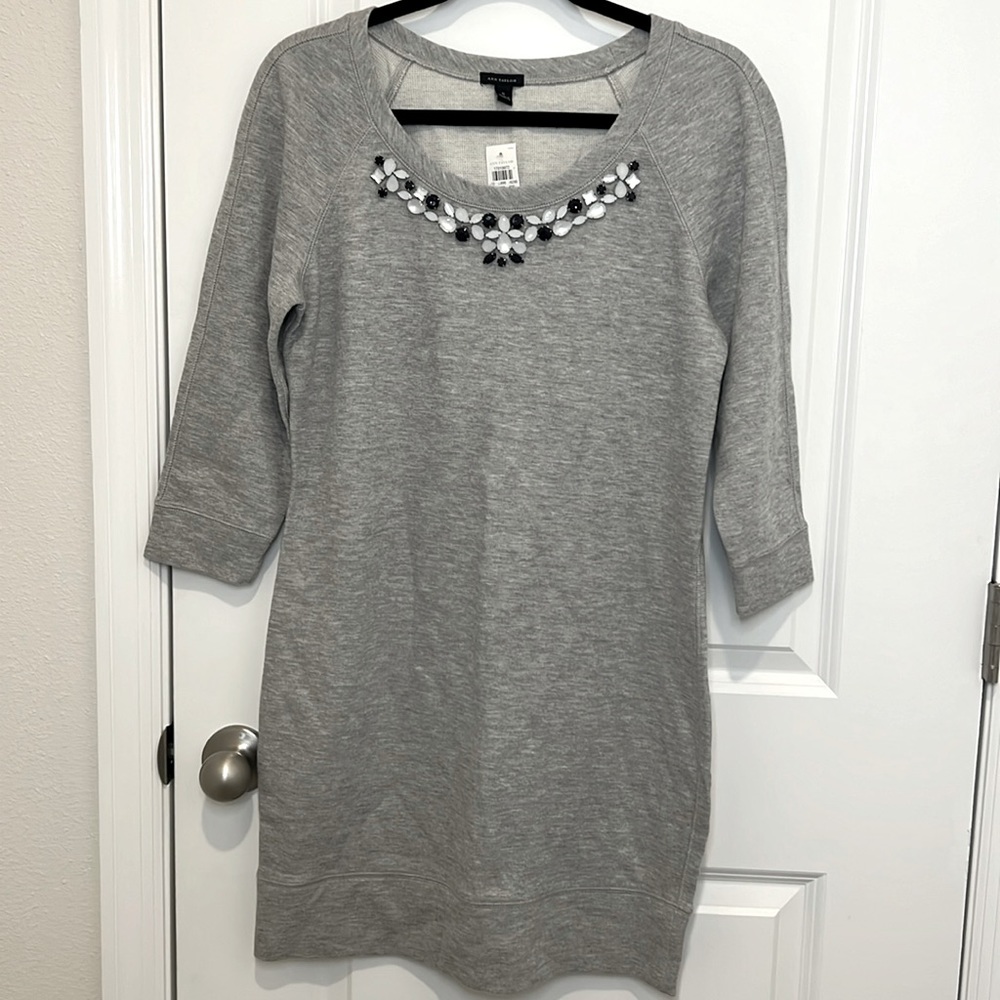NWT Ann Taylor Bejeweled Gray Long Sleeve Sweater Dress size small